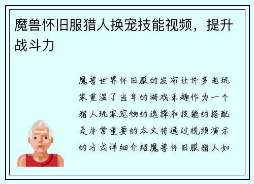魔兽怀旧服猎人换宠技能视频，提升战斗力